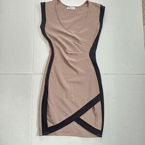A3 Design Tan Black Trim Fitted Wrap Bodycon Mini Dress Size Small